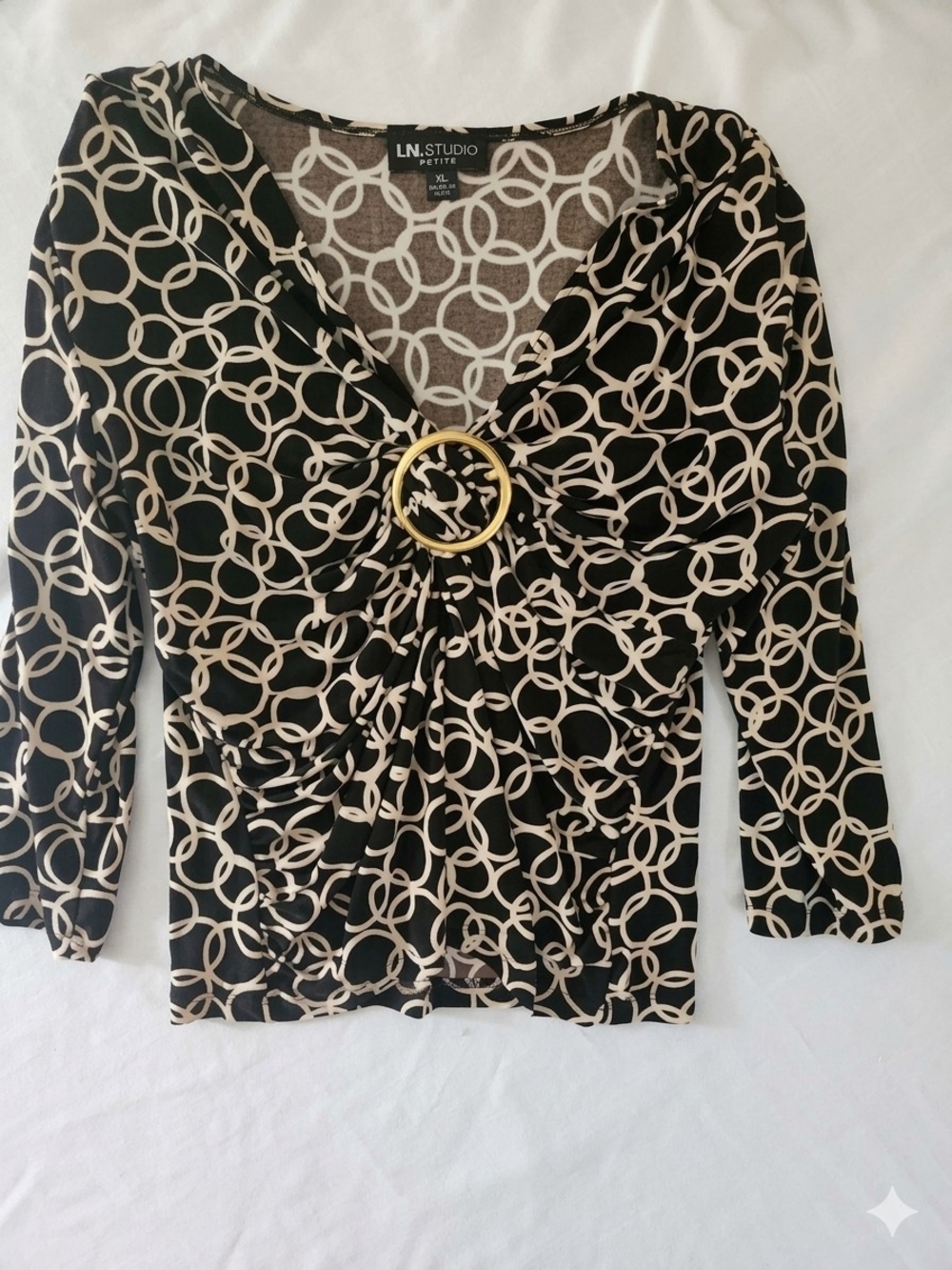 I.N. Studio Black & Cream Ring-Accent Women's Blouse